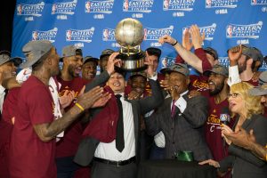 TORONTO, CANADA - MAY 27: The Cleveland Cavaliers celebrate after a victory in Game Six of the Eastern Conference Finals against the Toronto Raptors during the 2016 NBA Playoffs on May 27, 2016 at the Air Canada Centre in Toronto, Ontario, Canada. NOTE TO USER: User expressly acknowledges and agrees that, by downloading and or using this Photograph, user is consenting to the terms and conditions of the Getty Images License Agreement. Mandatory Copyright Notice: Copyright 2016 NBAE (Photo by Nathaniel S. Butler/NBAE via Getty Images)